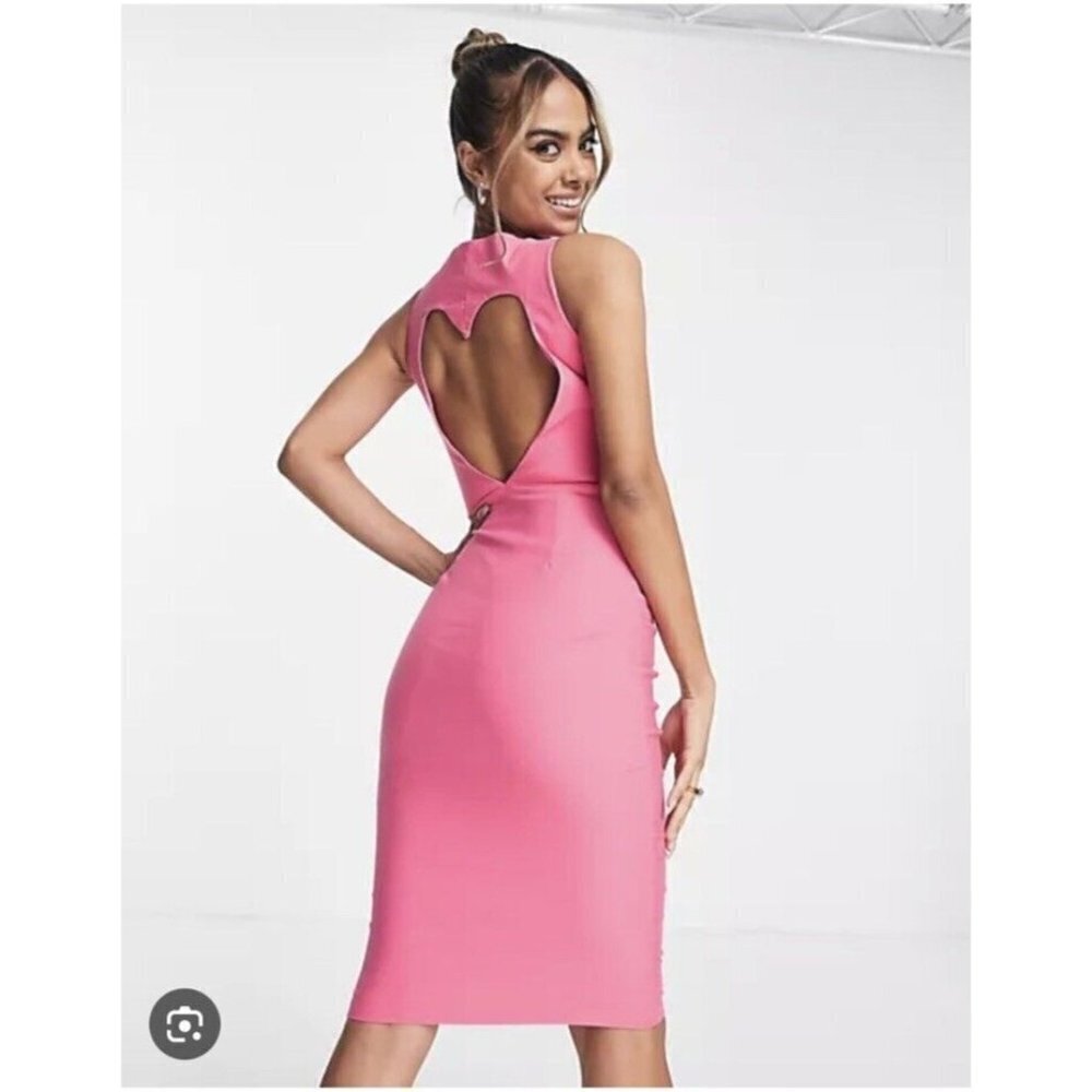 VESPER High Neck Open Heart Back Midi Dress in Bubblegum Sleeveless Sz 12